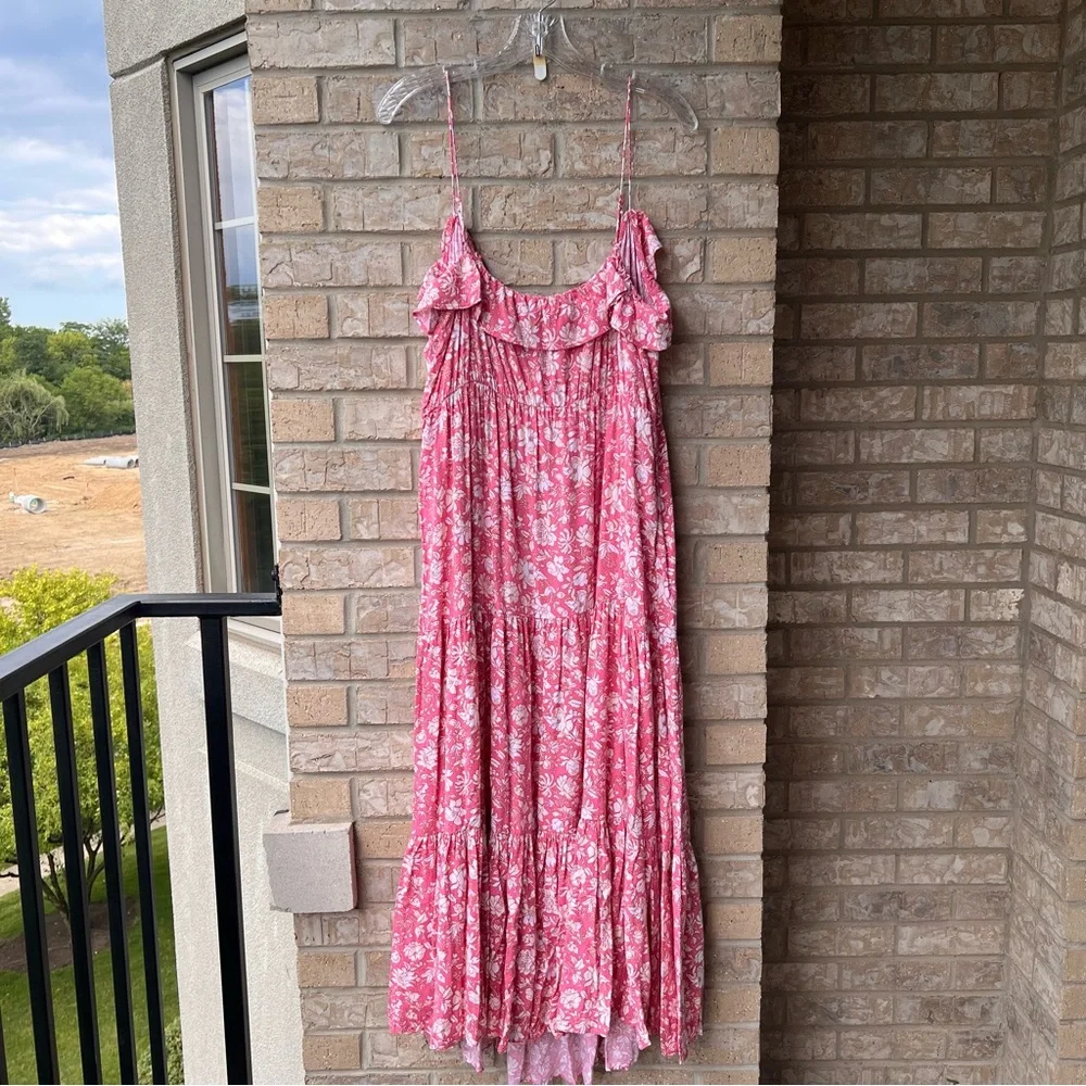 J. Crew Tiered Maxi Dress in Pink Dark Flamingo Tossed Floral